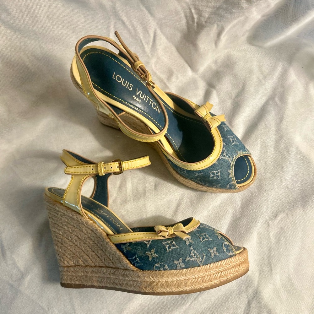 Louis Vuitton Monogram Denim Bow Espadrille Wedges
